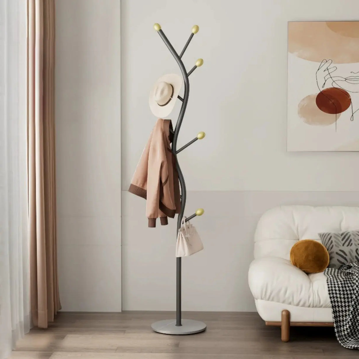 Tree-Shaped Gold Metal Freestanding Coat Rack with Hooks Image - 14