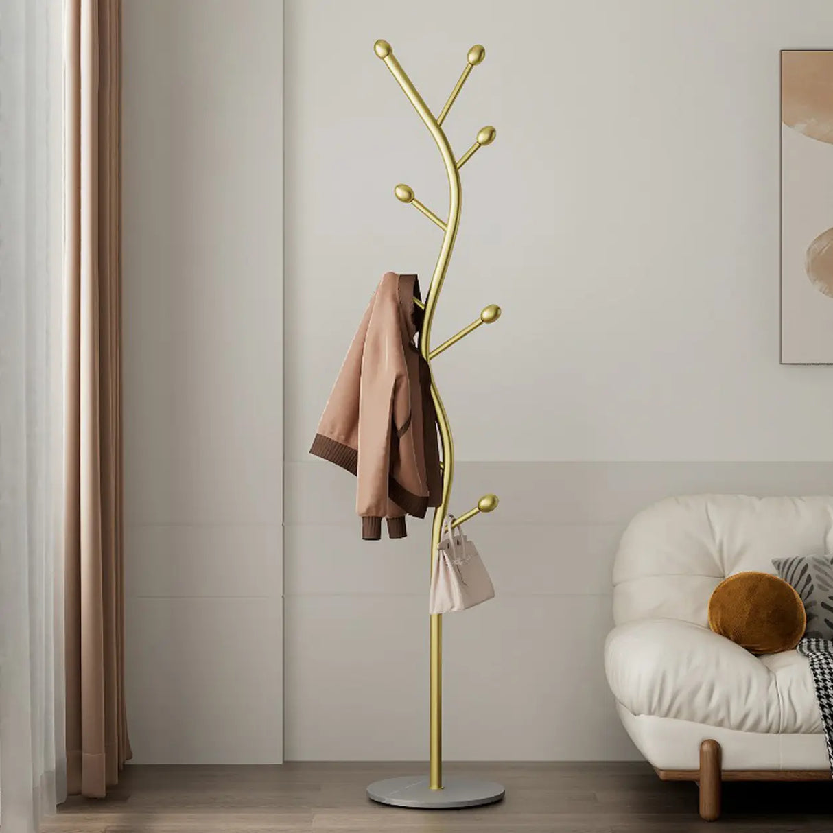 Tree-Shaped Gold Metal Freestanding Coat Rack with Hooks Image - 15