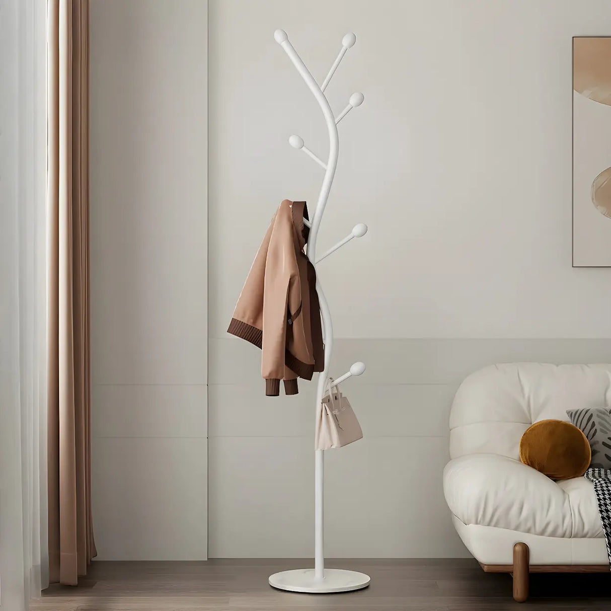 Tree-Shaped Gold Metal Freestanding Coat Rack with Hooks Image - 17