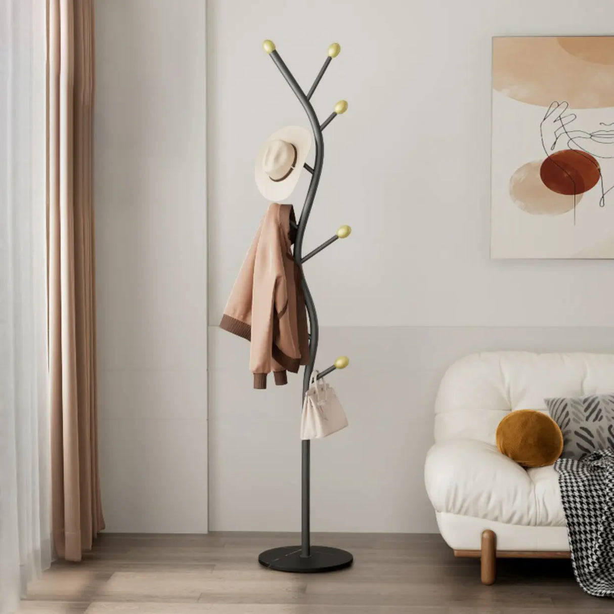 Tree-Shaped Gold Metal Freestanding Coat Rack with Hooks Image - 19