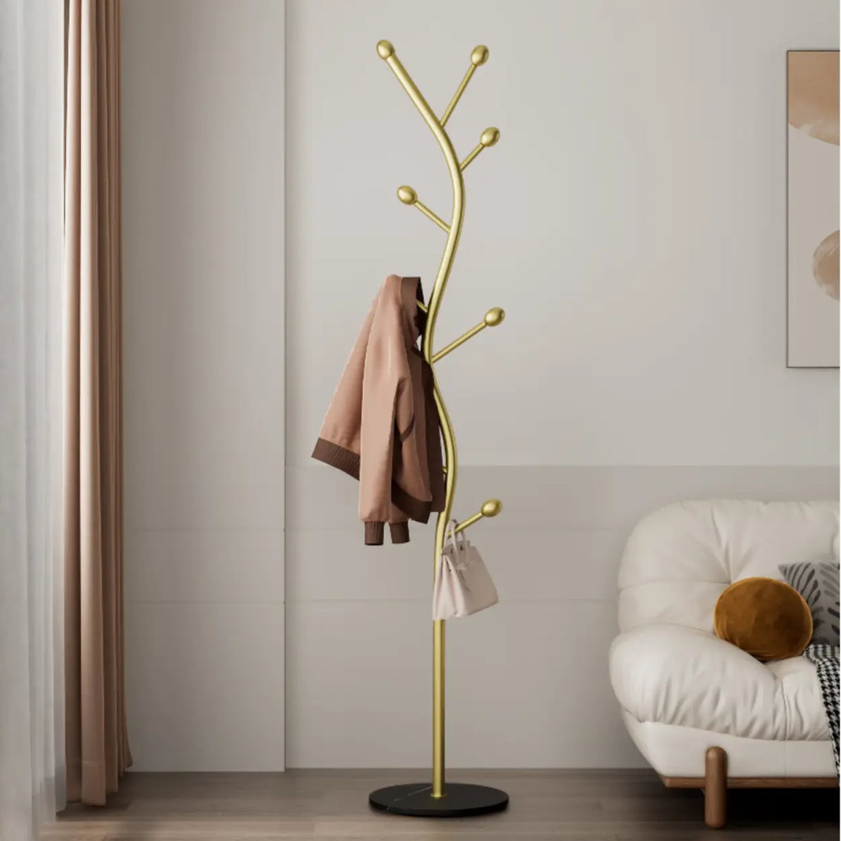 Tree-Shaped Gold Metal Freestanding Coat Rack with Hooks Image - 1