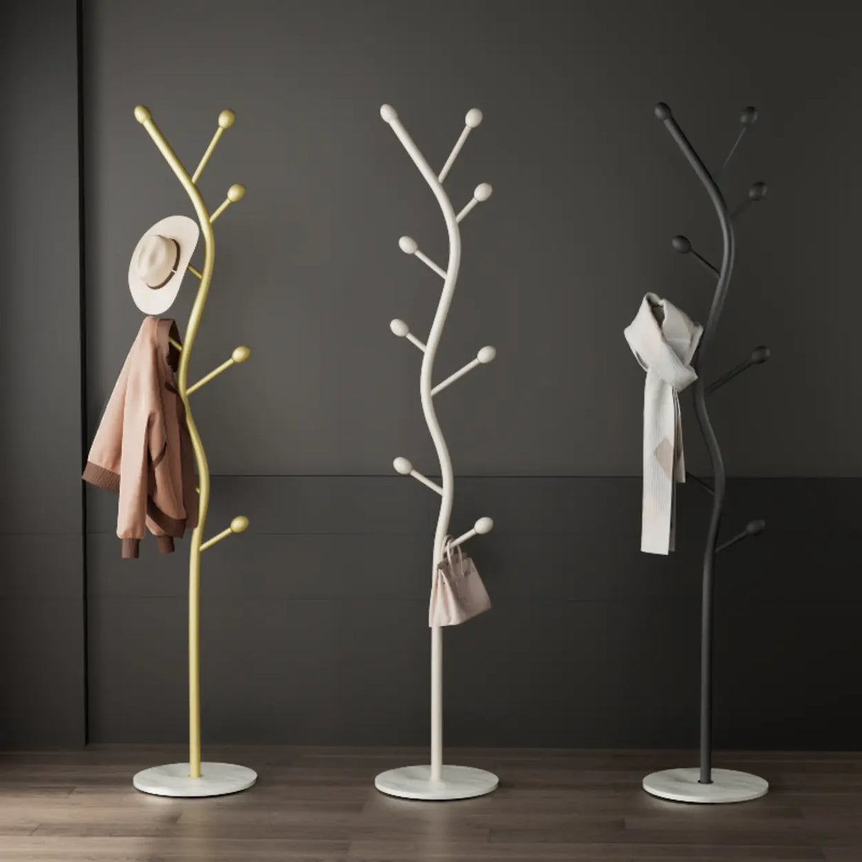 Tree-Shaped Gold Metal Freestanding Coat Rack with Hooks Image - 20