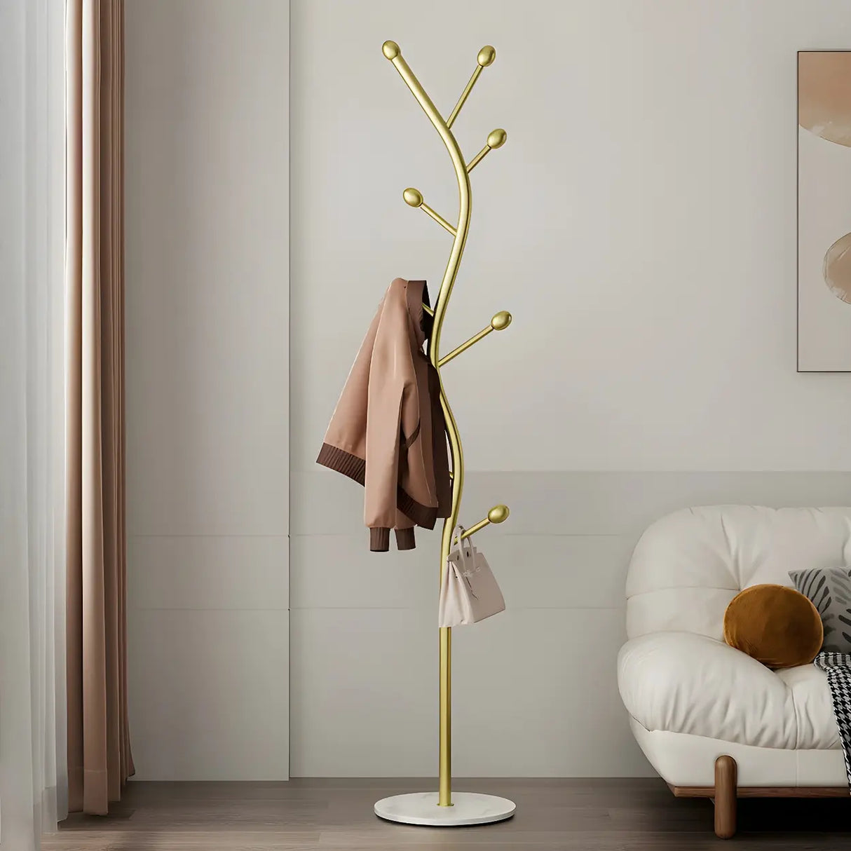 Tree-Shaped Gold Metal Freestanding Coat Rack with Hooks Image - 21