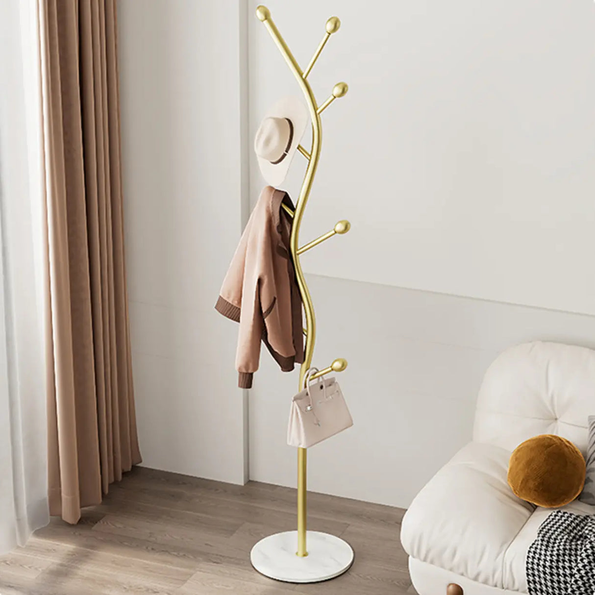 Tree-Shaped Gold Metal Freestanding Coat Rack with Hooks Image - 22