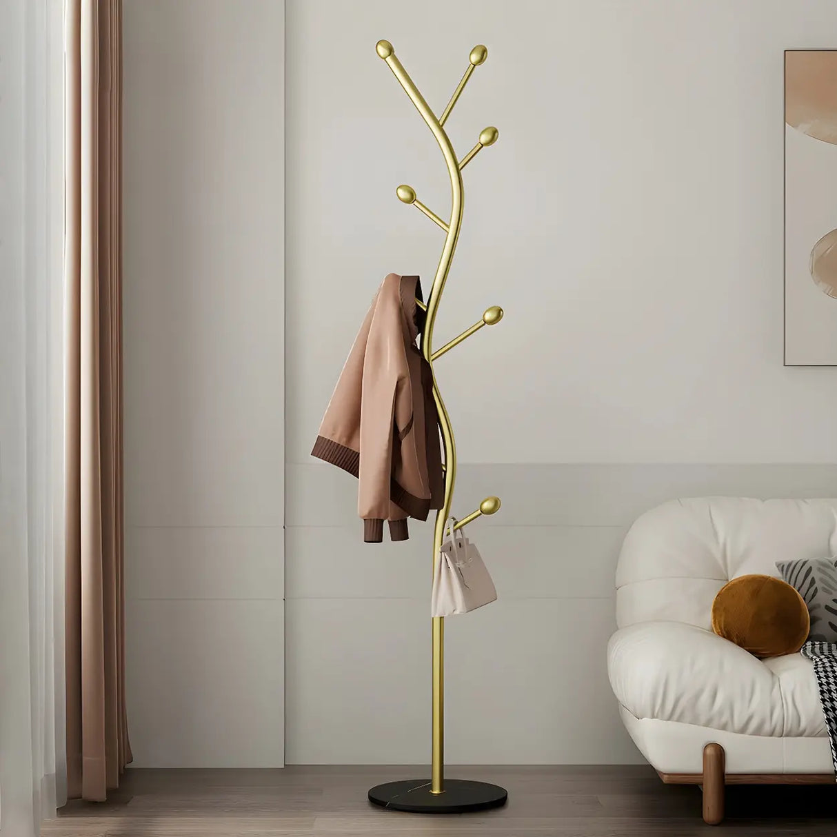 Tree-Shaped Gold Metal Freestanding Coat Rack with Hooks Image - 23