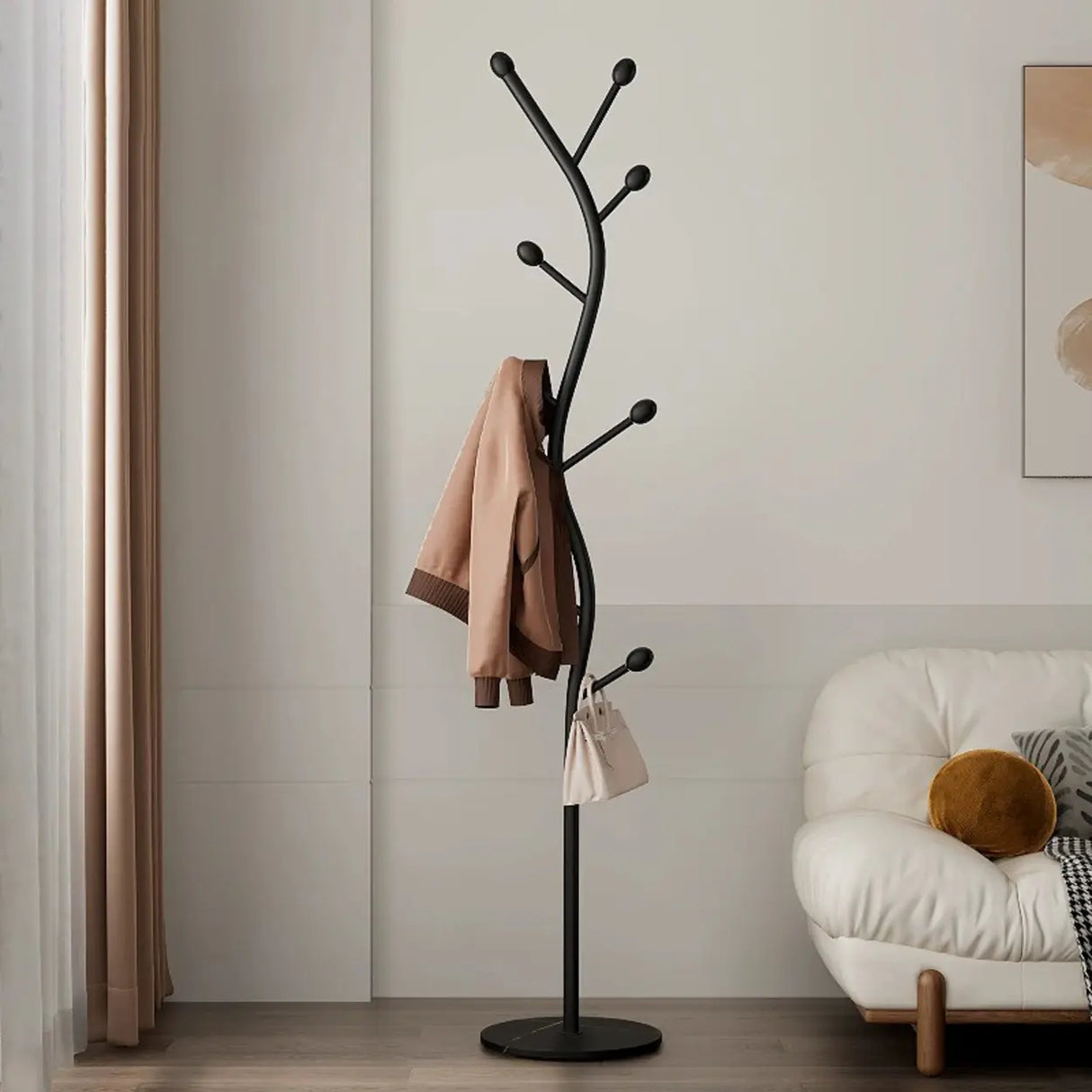 Tree-Shaped Gold Metal Freestanding Coat Rack with Hooks Image - 2