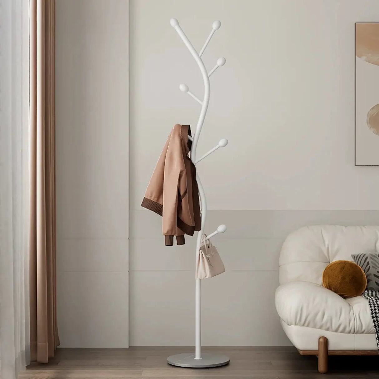 Tree-Shaped Gold Metal Freestanding Coat Rack with Hooks Image - 3