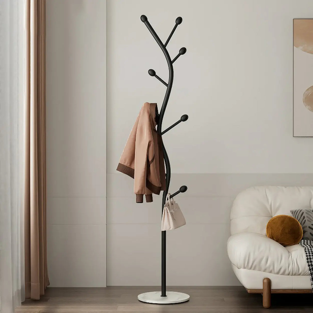 Tree-Shaped Gold Metal Freestanding Coat Rack with Hooks Image - 5
