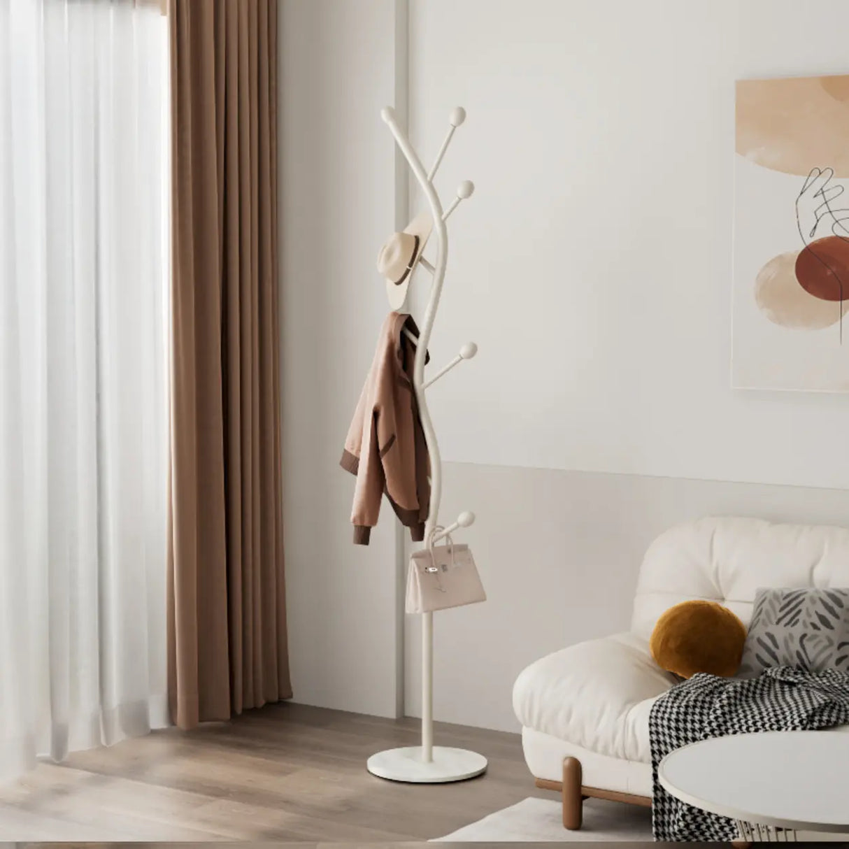 Tree-Shaped Gold Metal Freestanding Coat Rack with Hooks Image - 6