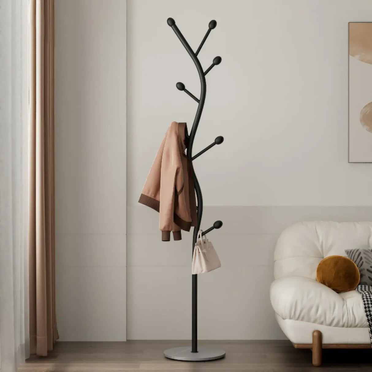 Tree-Shaped Gold Metal Freestanding Coat Rack with Hooks Image - 7