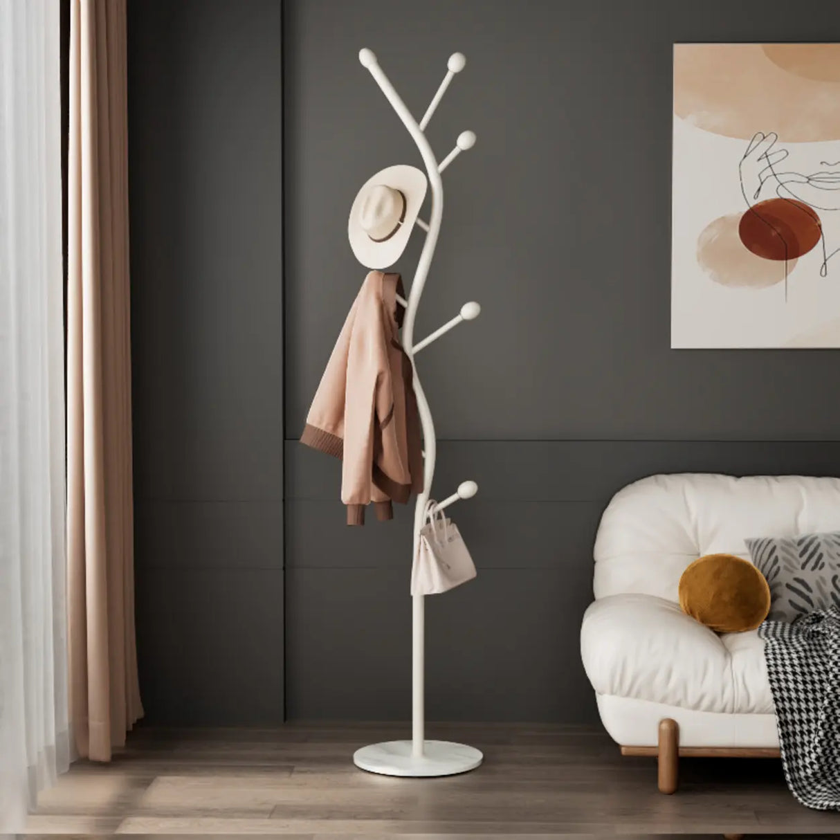 Tree-Shaped Gold Metal Freestanding Coat Rack with Hooks Image - 8