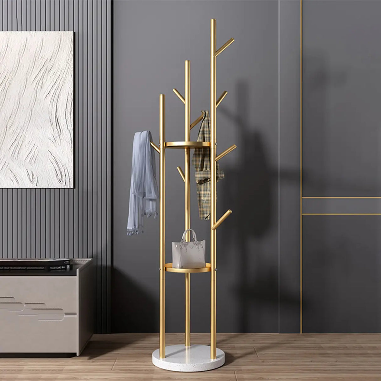 Tree-Shaped Round Gold Freestanding Coat Rack with Hooks Image - 1