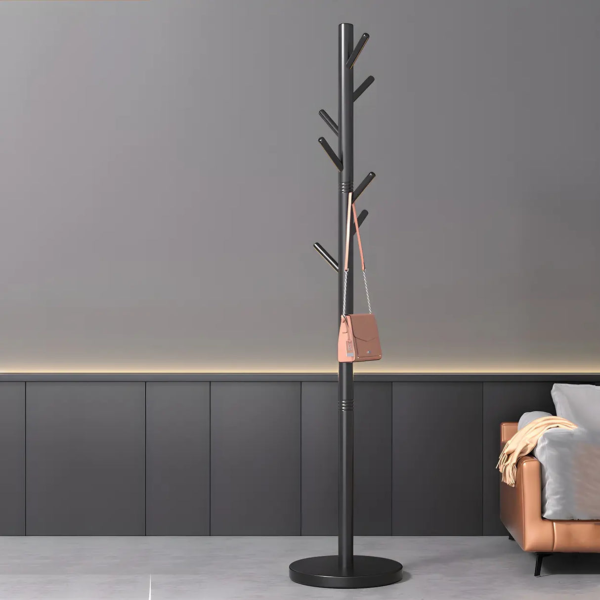 Tree-Shaped Round Gold Freestanding Coat Rack with Hooks Image - 16