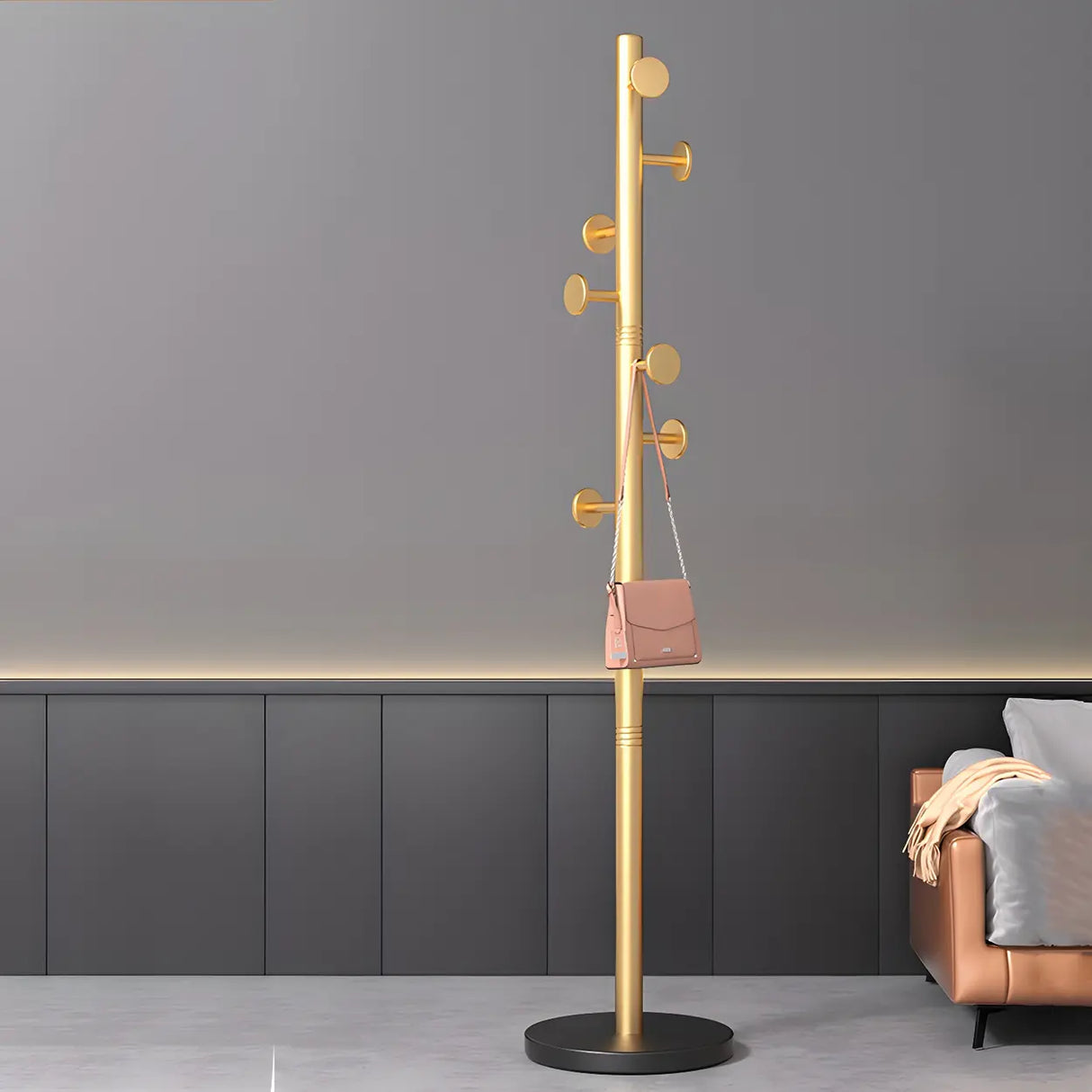 Tree-Shaped Round Gold Freestanding Coat Rack with Hooks Image - 18