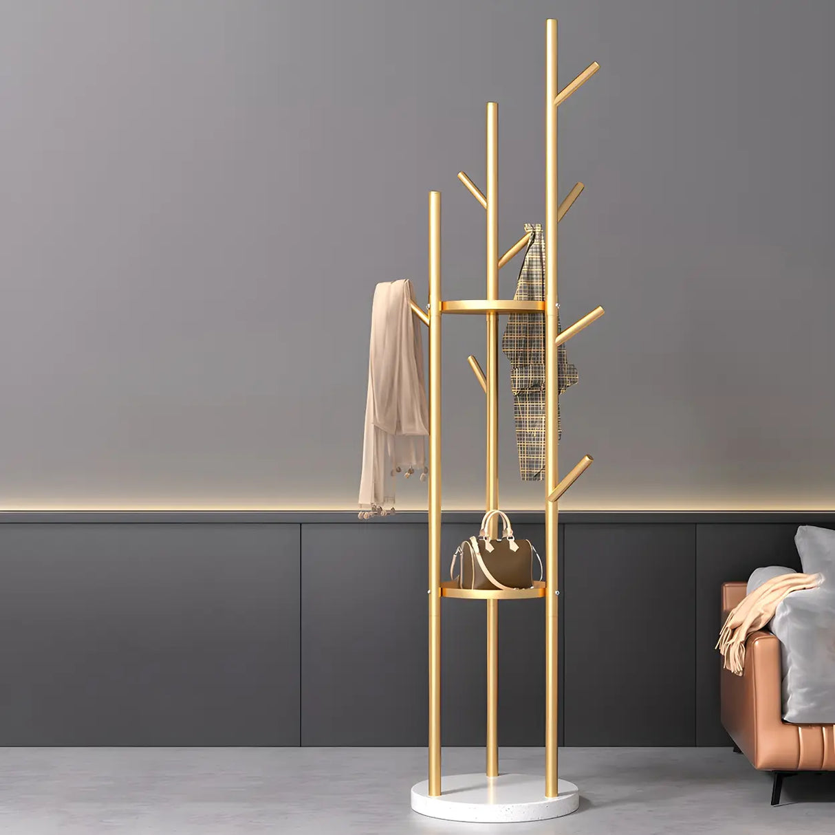Tree-Shaped Round Gold Freestanding Coat Rack with Hooks Image - 2