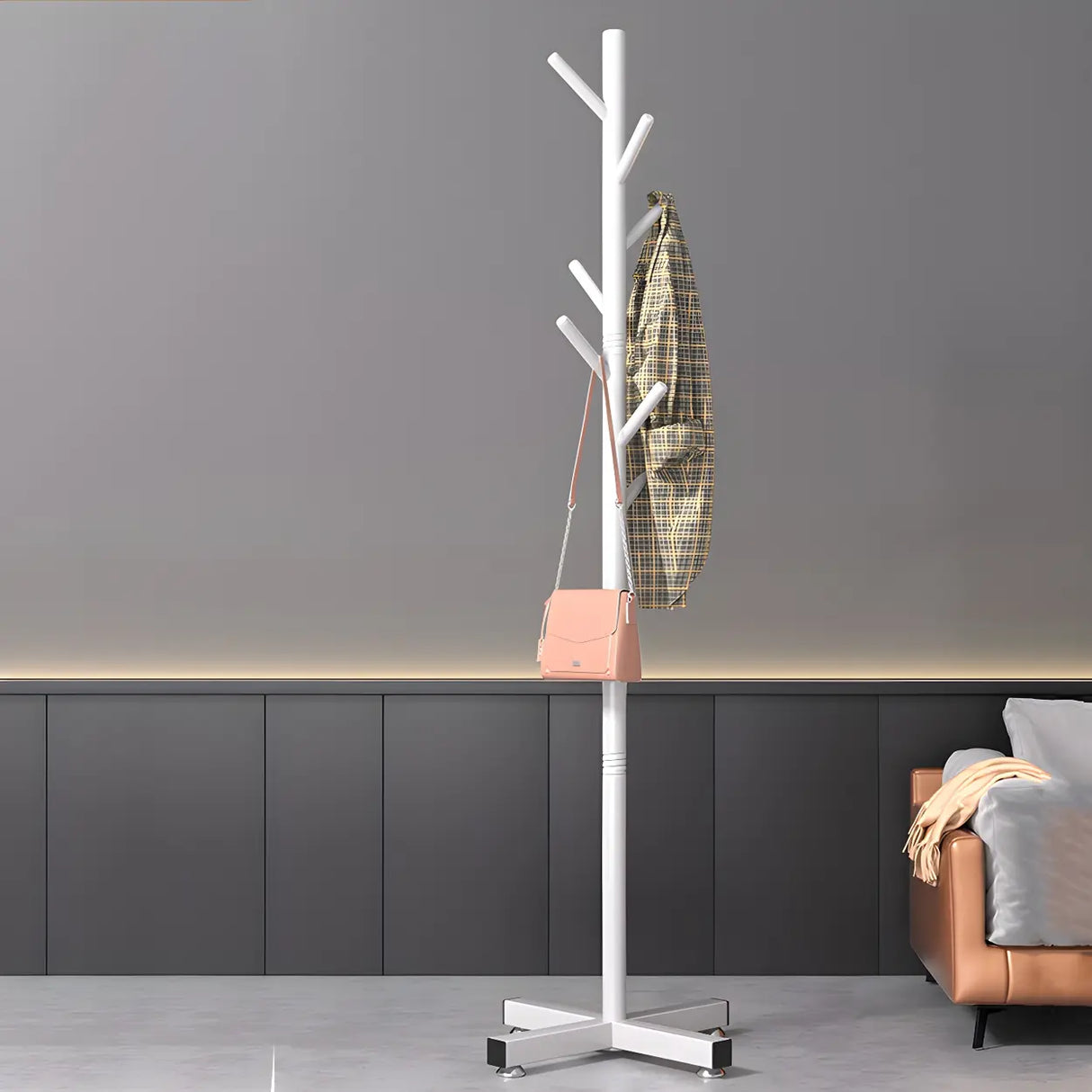 Tree-Shaped Round Gold Freestanding Coat Rack with Hooks Image - 21