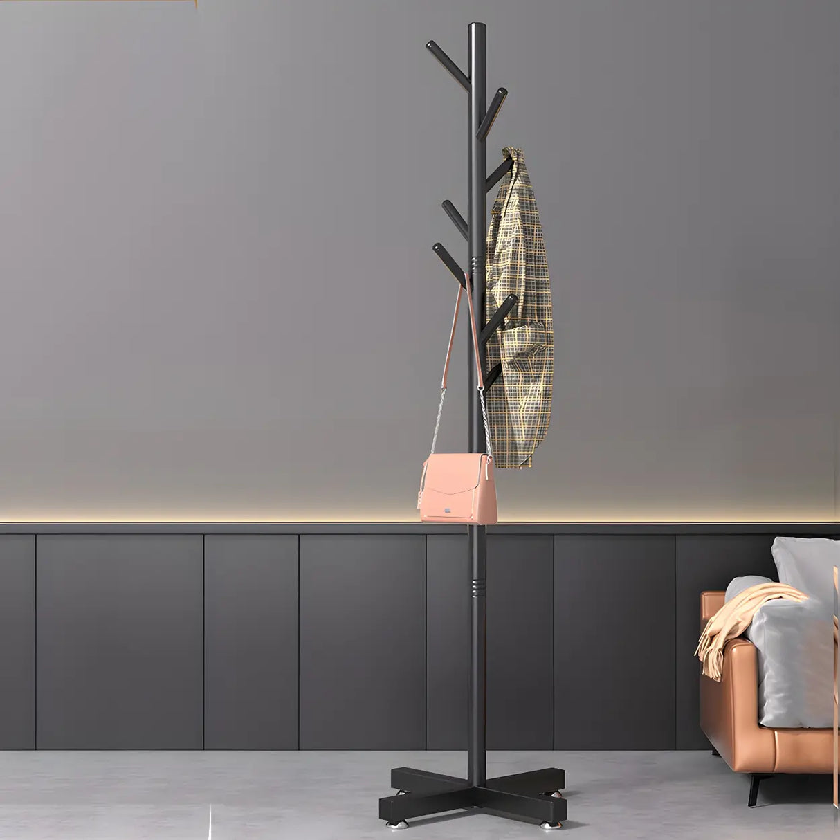 Tree-Shaped Round Gold Freestanding Coat Rack with Hooks Image - 22