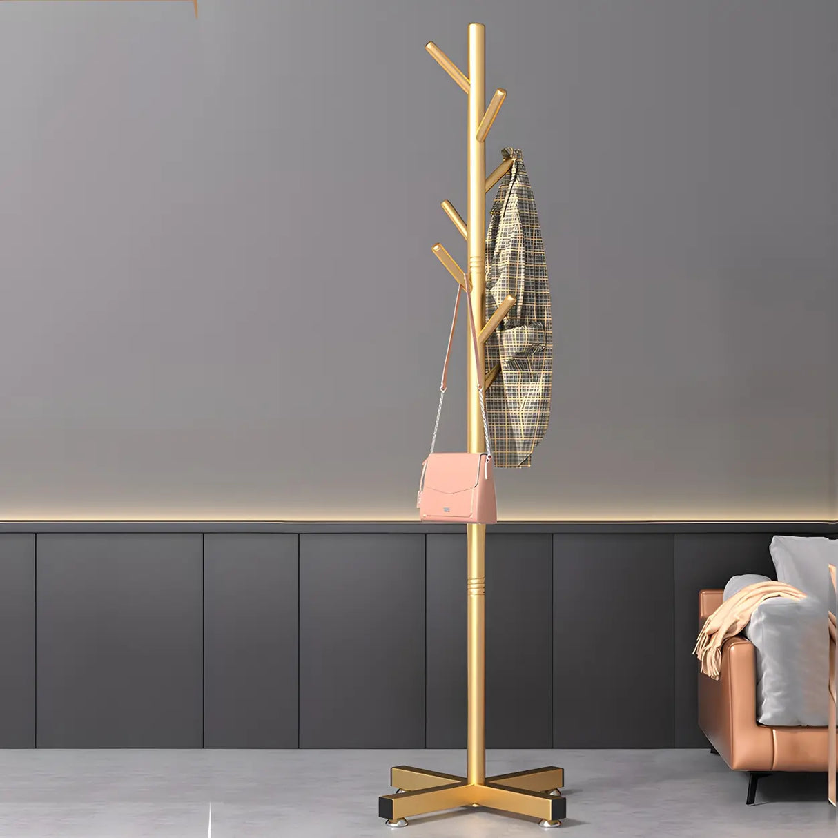 Tree-Shaped Round Gold Freestanding Coat Rack with Hooks Image - 23