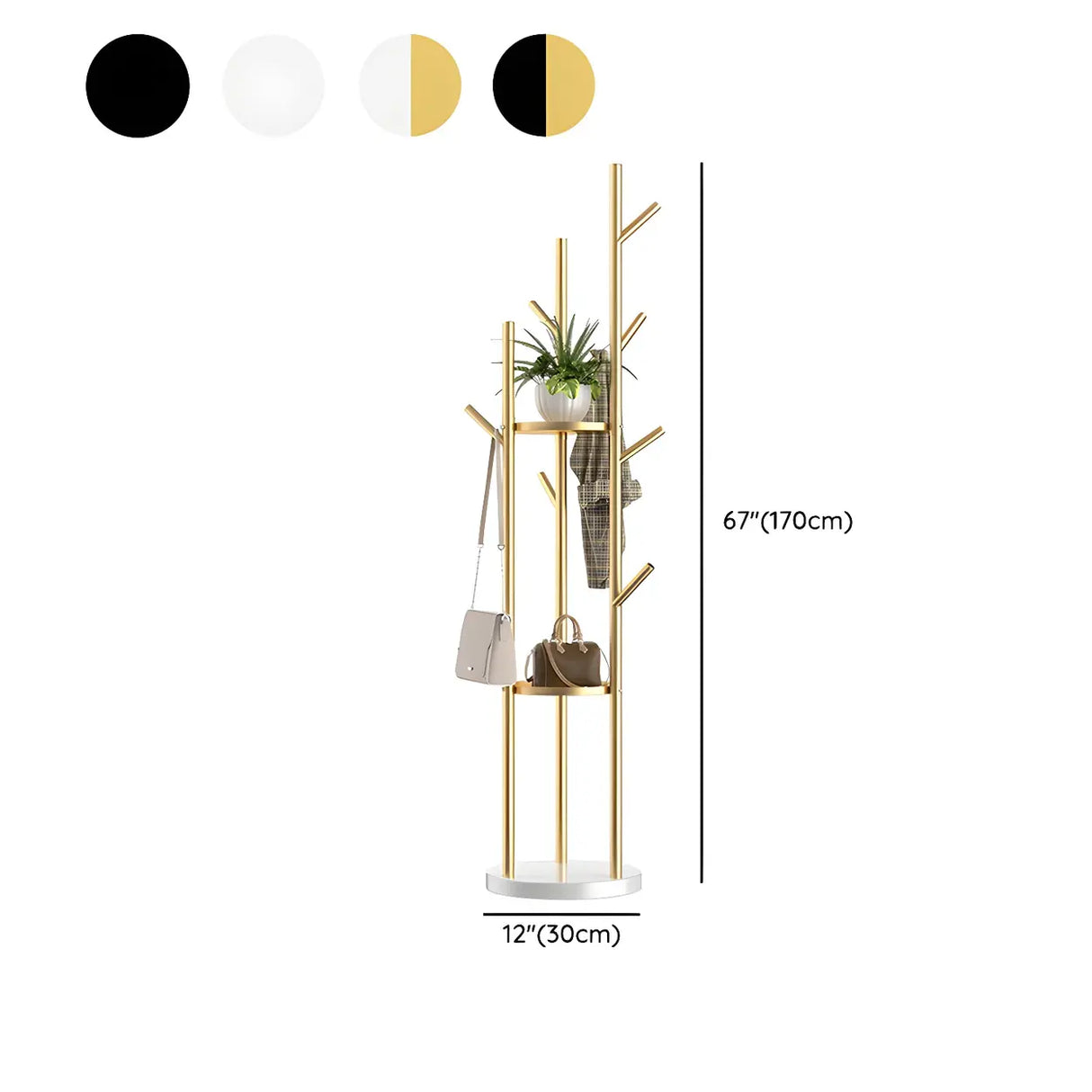 Tree-Shaped Round Gold Freestanding Coat Rack with Hooks