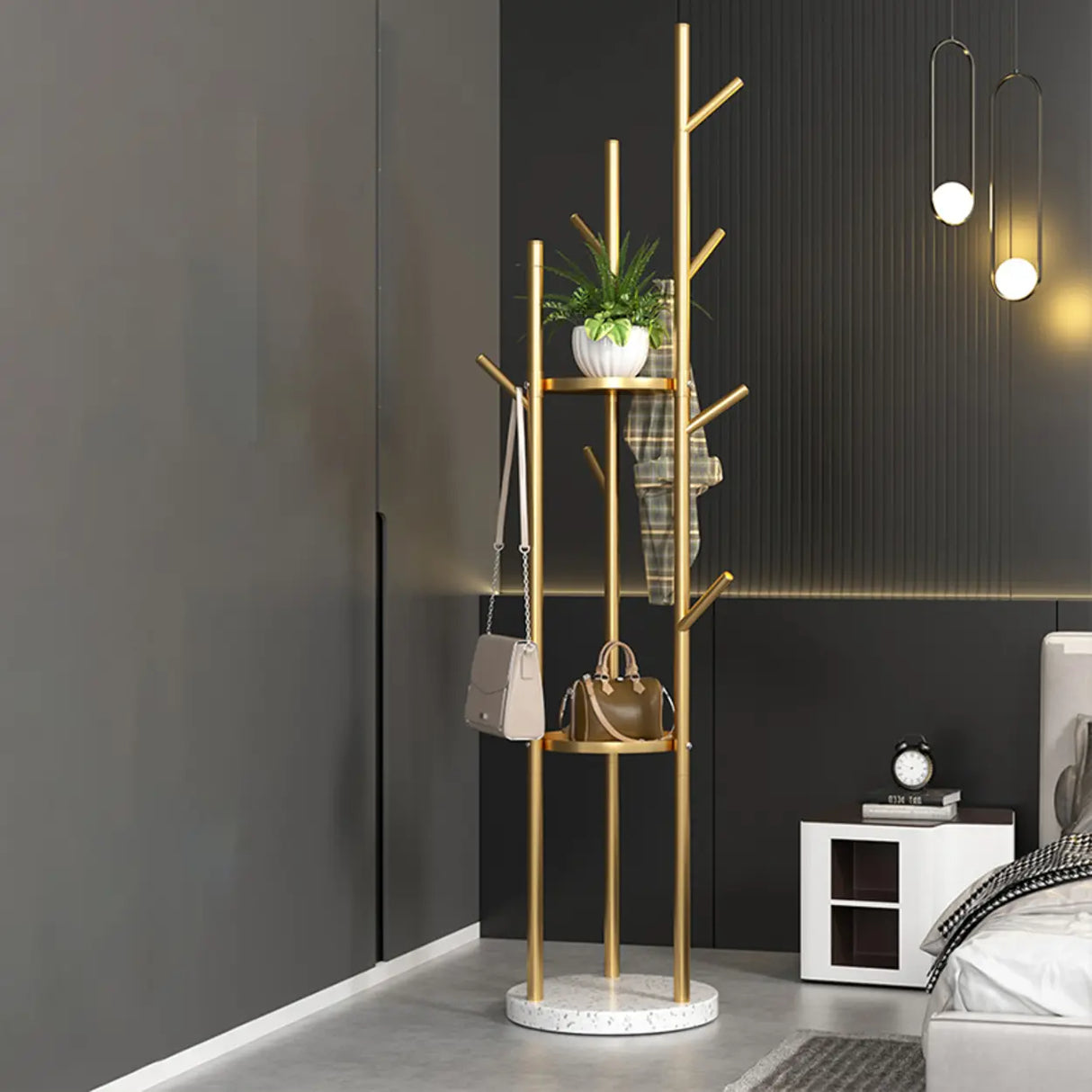 Tree-Shaped Round Gold Freestanding Coat Rack with Hooks Image - 3