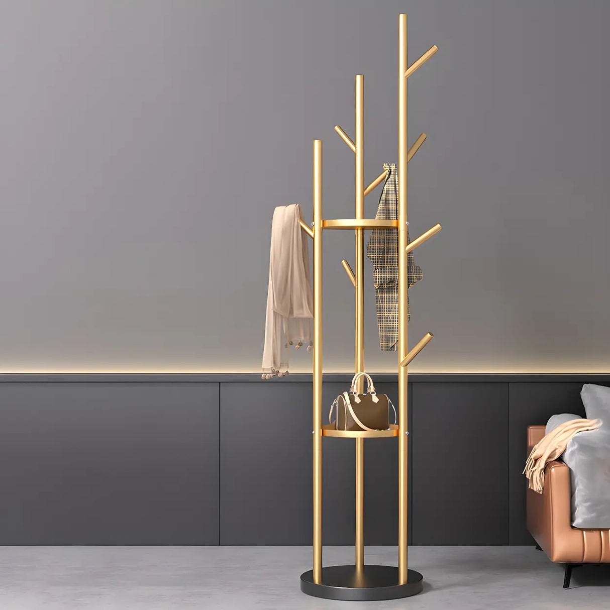 Tree-Shaped Round Gold Freestanding Coat Rack with Hooks Image - 4