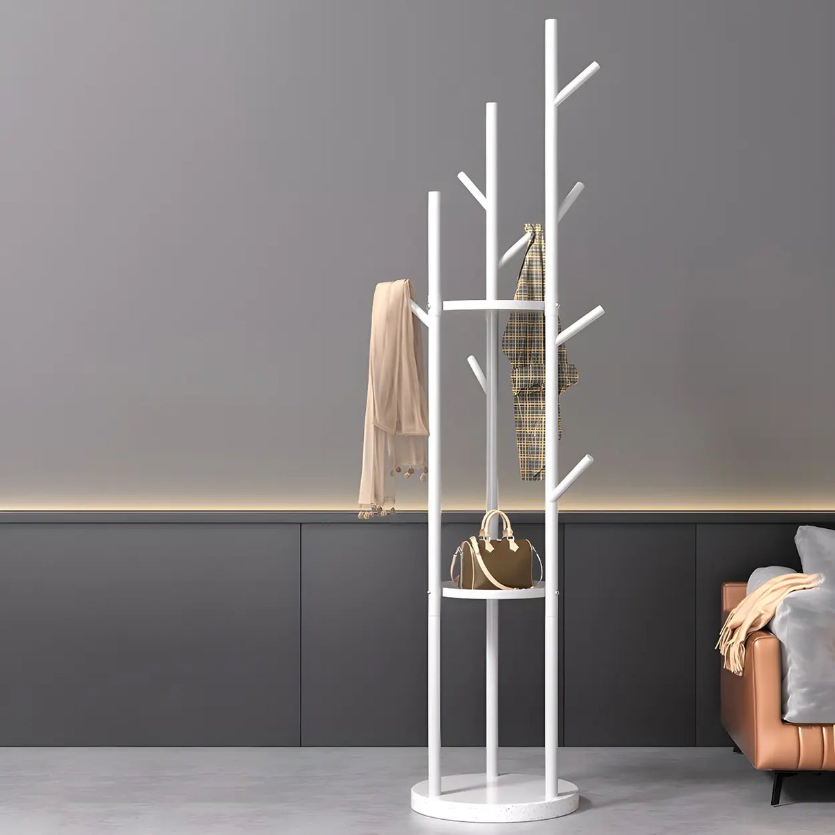 Tree-Shaped Round Gold Freestanding Coat Rack with Hooks Image - 5