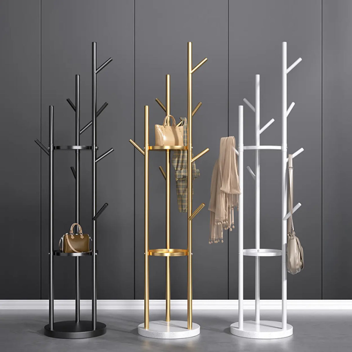 Tree-Shaped Round Gold Freestanding Coat Rack with Hooks Image - 6