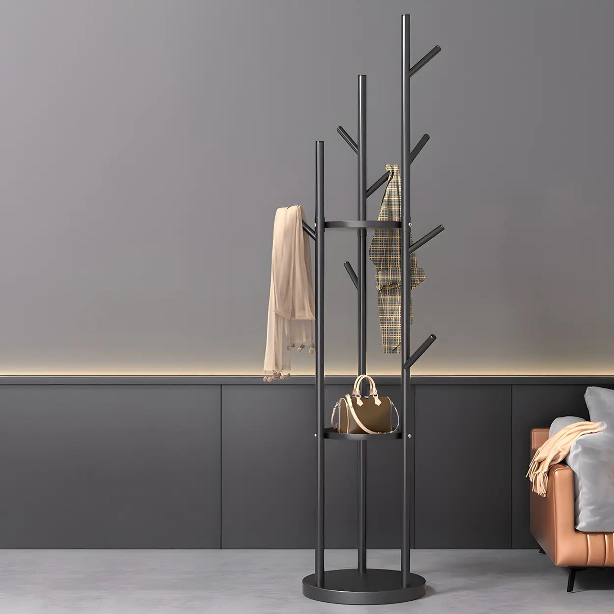 Tree-Shaped Round Gold Freestanding Coat Rack with Hooks Image - 7