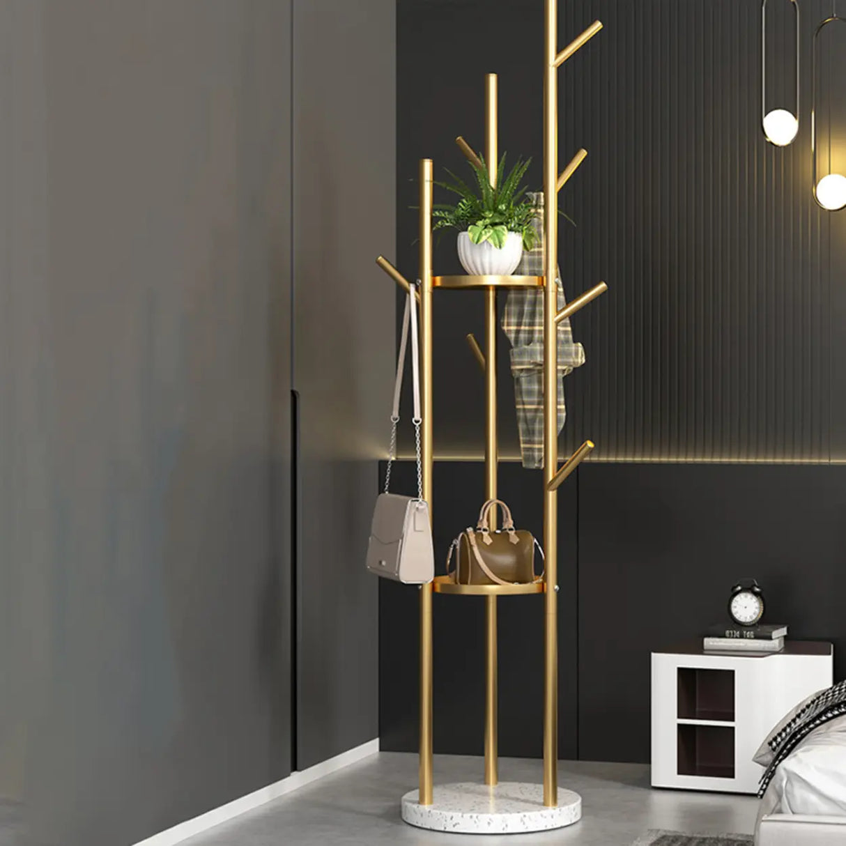 Tree-Shaped Round Gold Freestanding Coat Rack with Hooks Image - 8