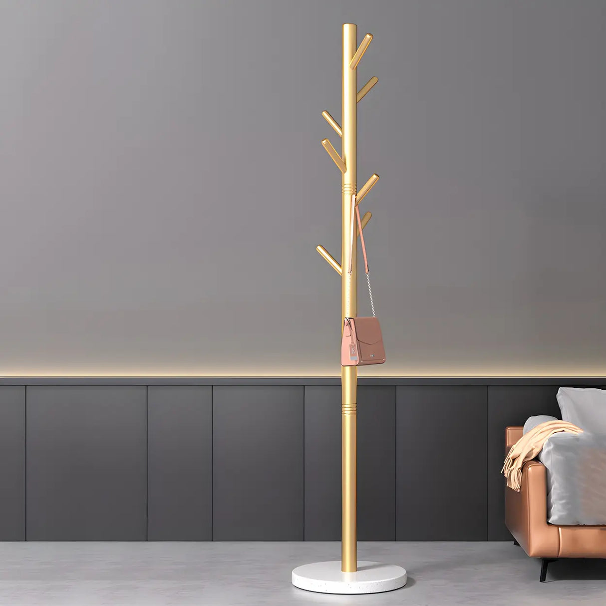 Tree-Shaped Round Gold Freestanding Coat Rack with Hooks Image - 9