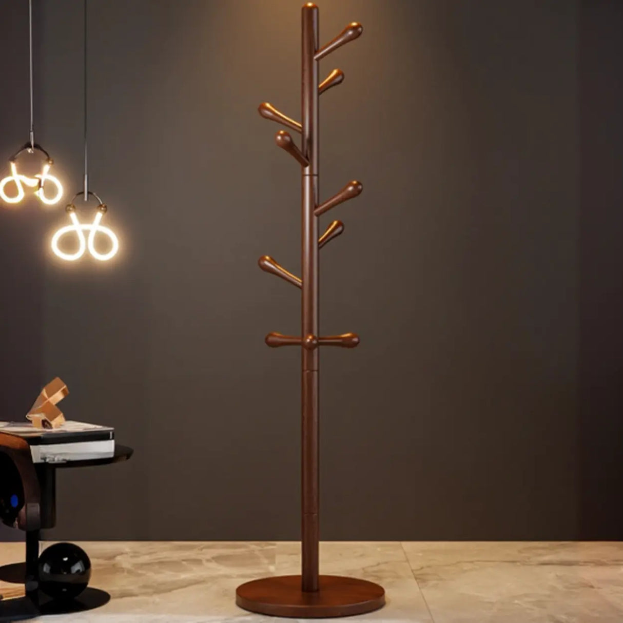 Tree Style Beech Wood Nut-Brown Hooks Stand Coat Rack Image - 8