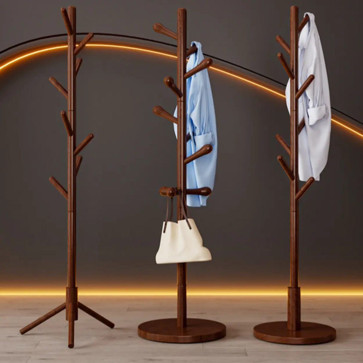 Tree Style Beech Wood Nut-Brown Hooks Stand Coat Rack Image - 9