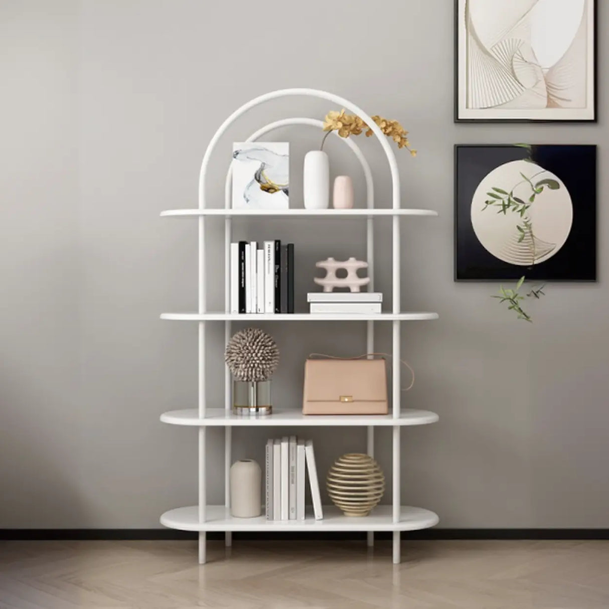 Trendy Arched Metal Frame 4-Shelf Display Bookshelf Image - 1