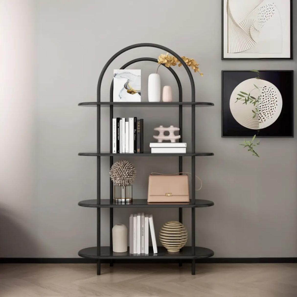 Trendy Arched Metal Frame 4-Shelf Display Bookshelf Image - 4