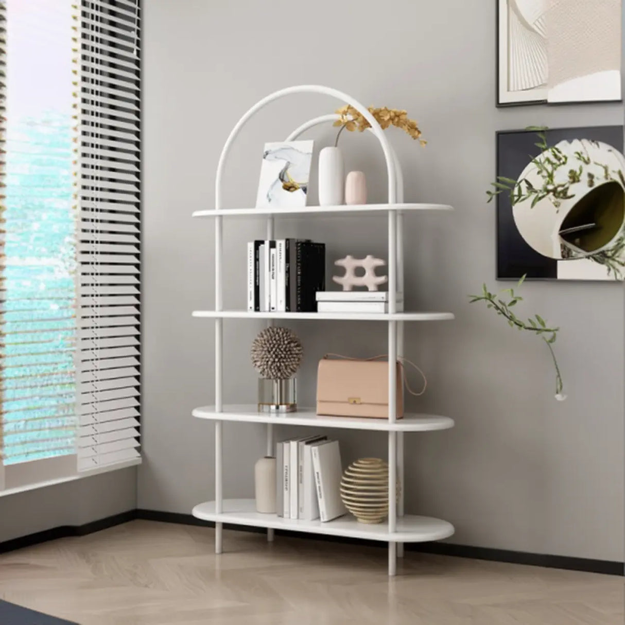 Trendy Arched Metal Frame 4-Shelf Display Bookshelf Image - 6