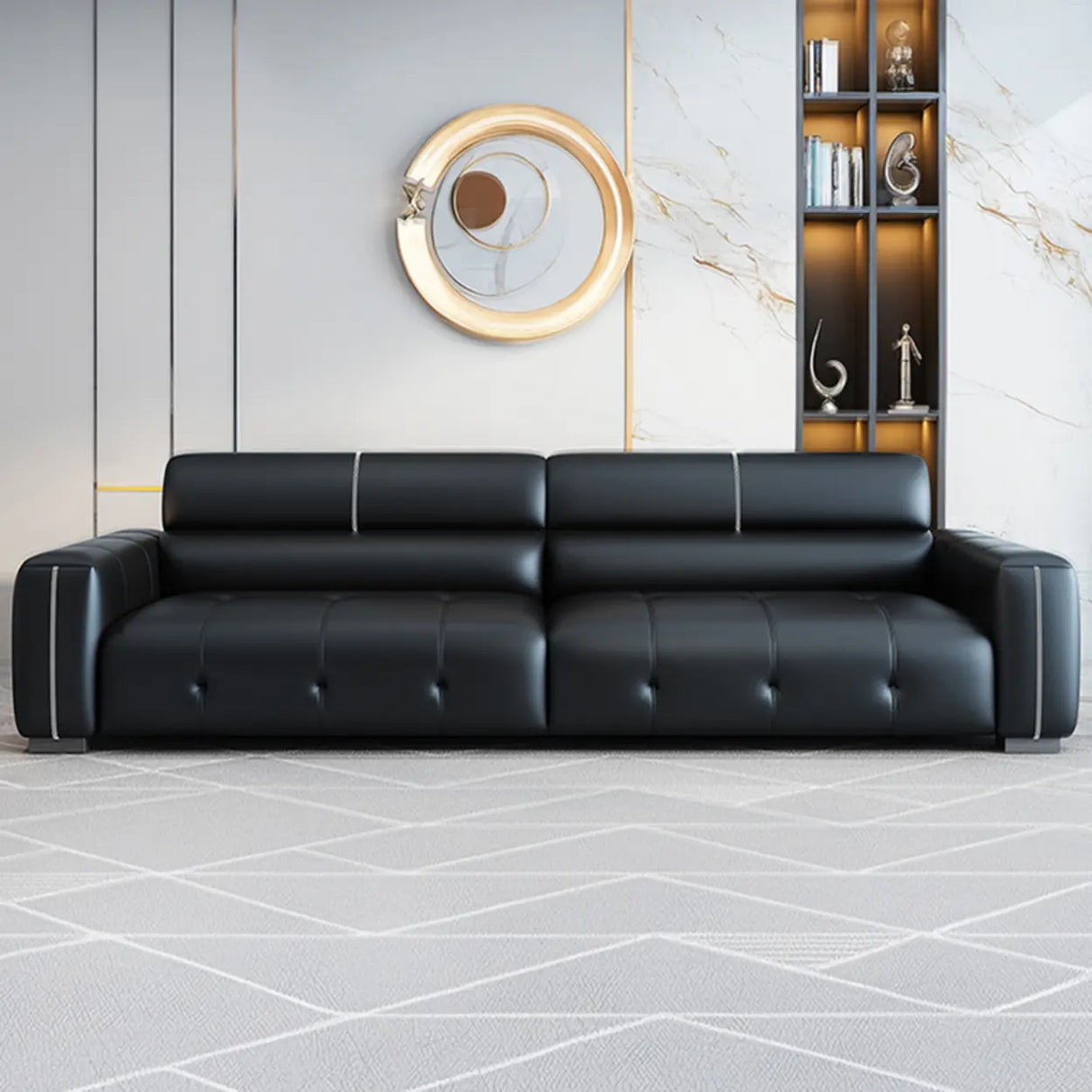 Trendy Black Faux Leather Square Arm Cushion Back Sofa Image - 1