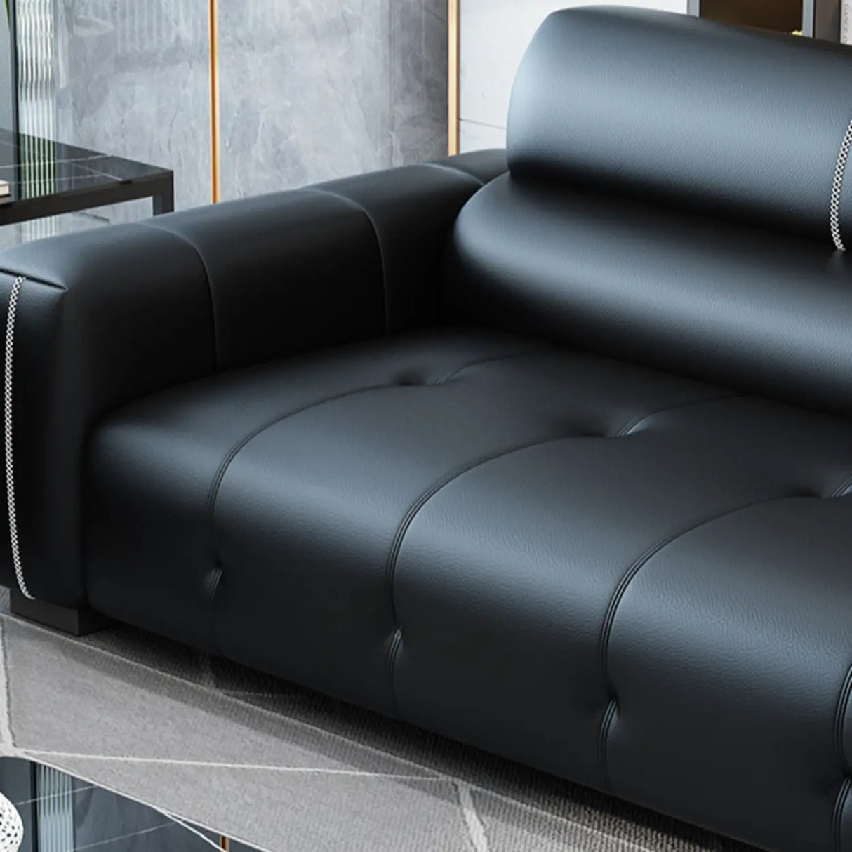 Trendy Black Faux Leather Square Arm Cushion Back Sofa Image - 12