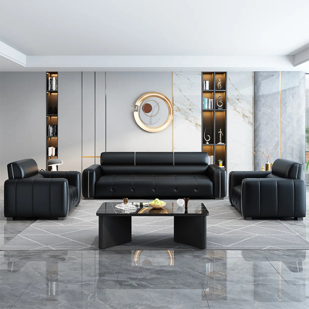 Trendy Black Faux Leather Square Arm Cushion Back Sofa Image - 4