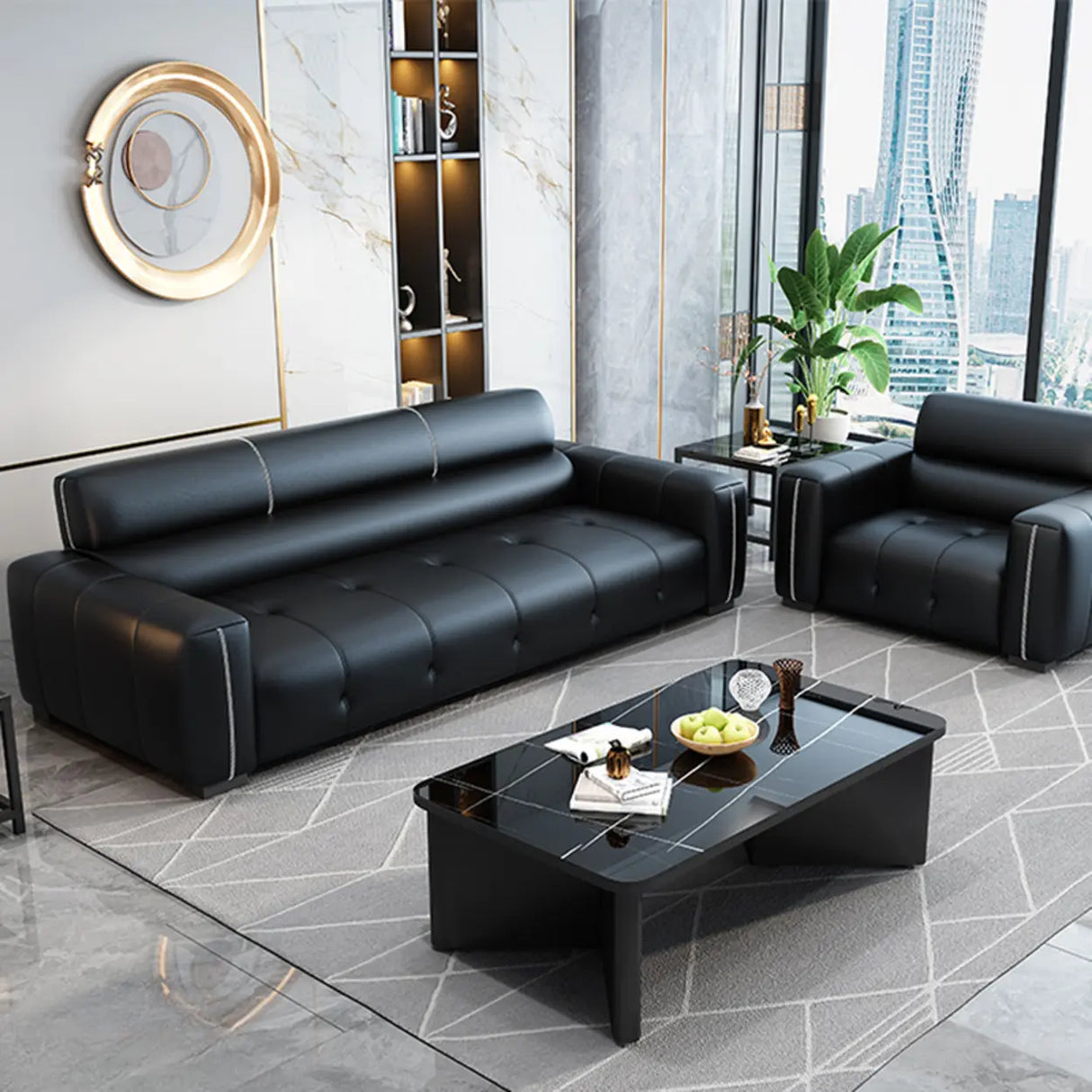 Trendy Black Faux Leather Square Arm Cushion Back Sofa Image - 6