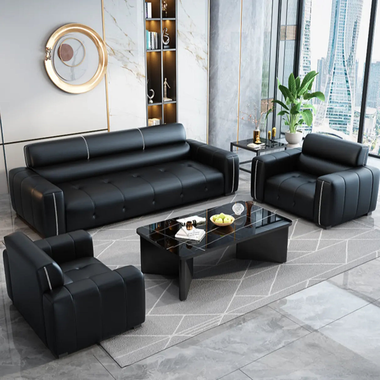 Trendy Black Faux Leather Square Arm Cushion Back Sofa Image - 8