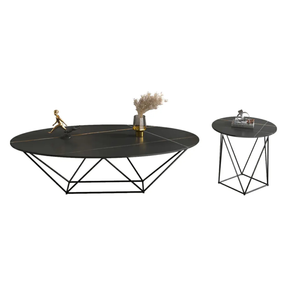 Trendy Black Stone Oval Iron Frame Nesting Coffee Table Image - 10