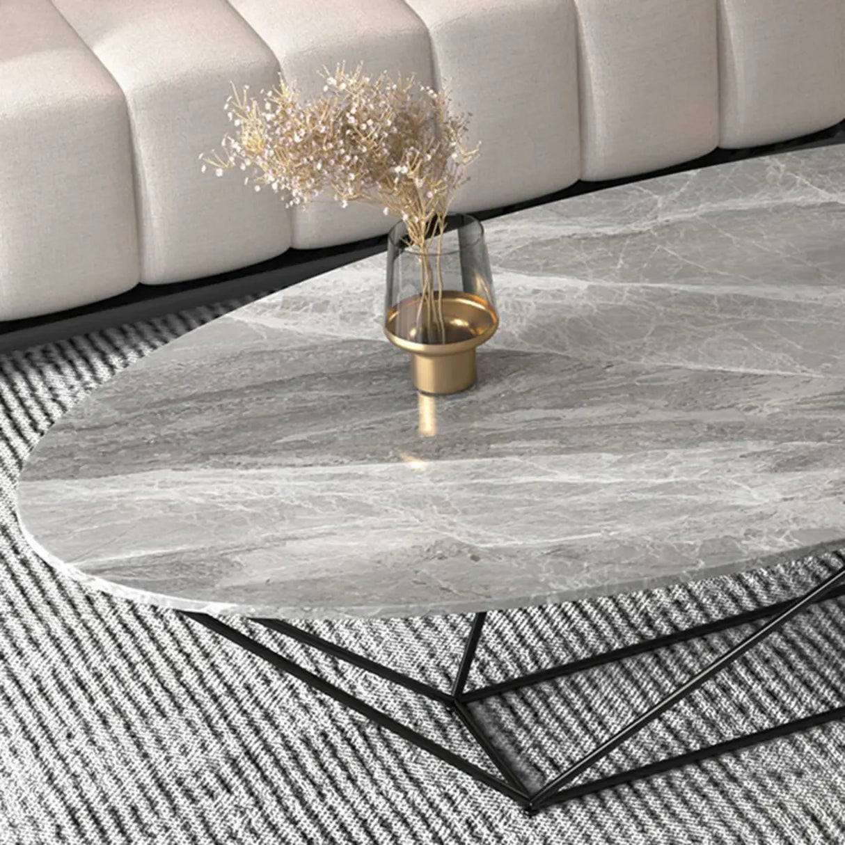 Trendy Black Stone Oval Iron Frame Nesting Coffee Table Image - 11