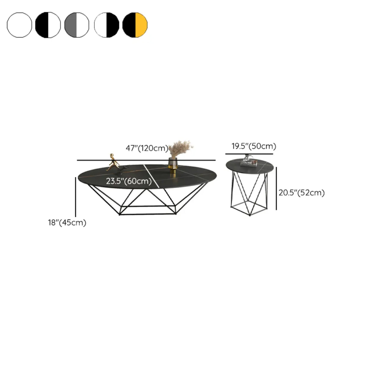 Trendy Black Stone Oval Iron Frame Nesting Coffee Table Image - 14