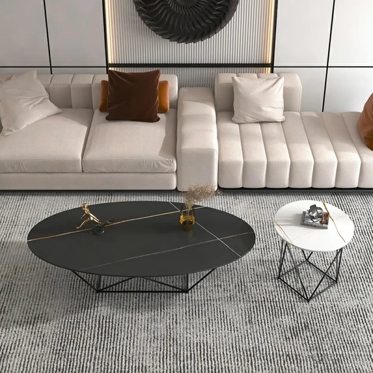 Trendy Black Stone Oval Iron Frame Nesting Coffee Table Image - 3