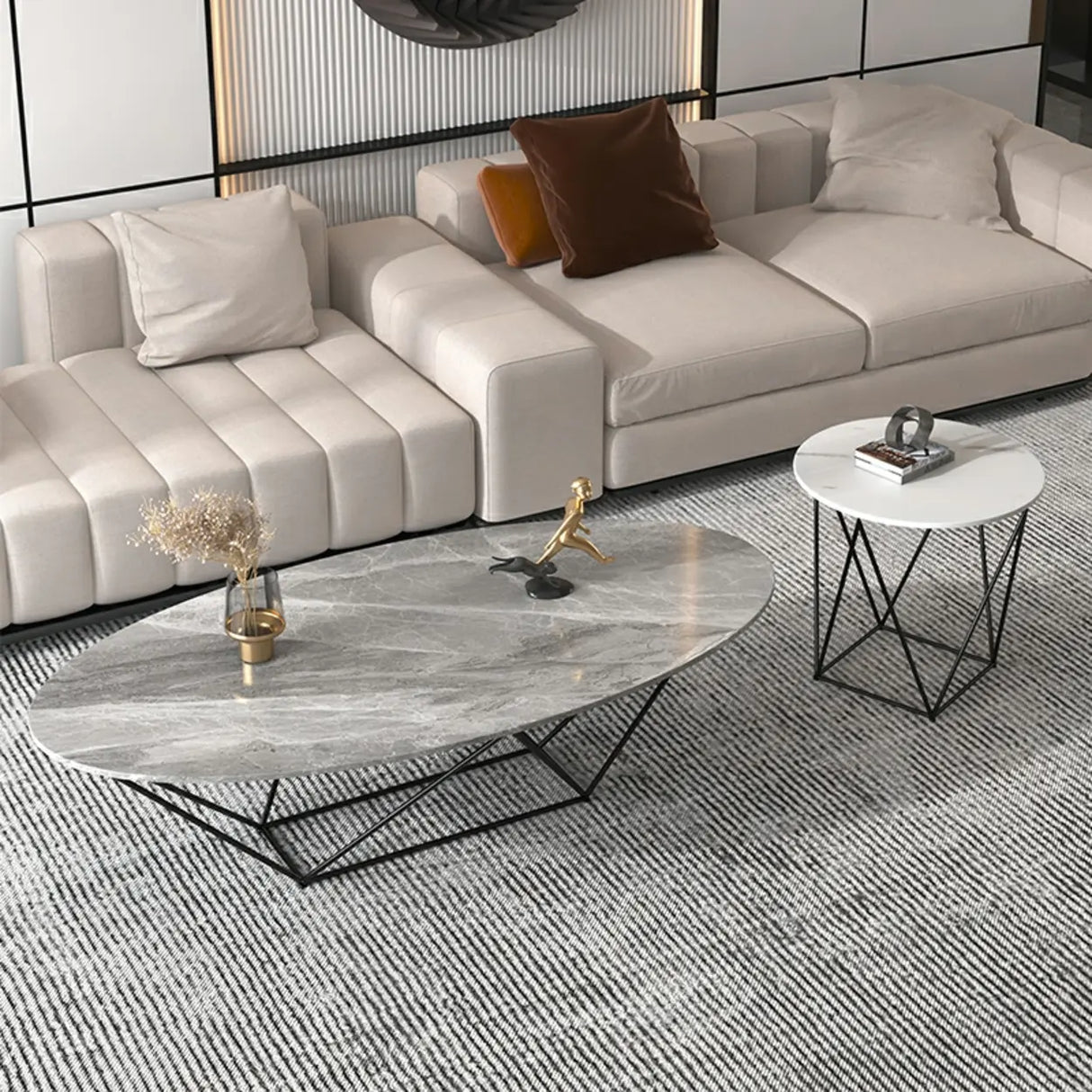 Trendy Black Stone Oval Iron Frame Nesting Coffee Table Image - 7