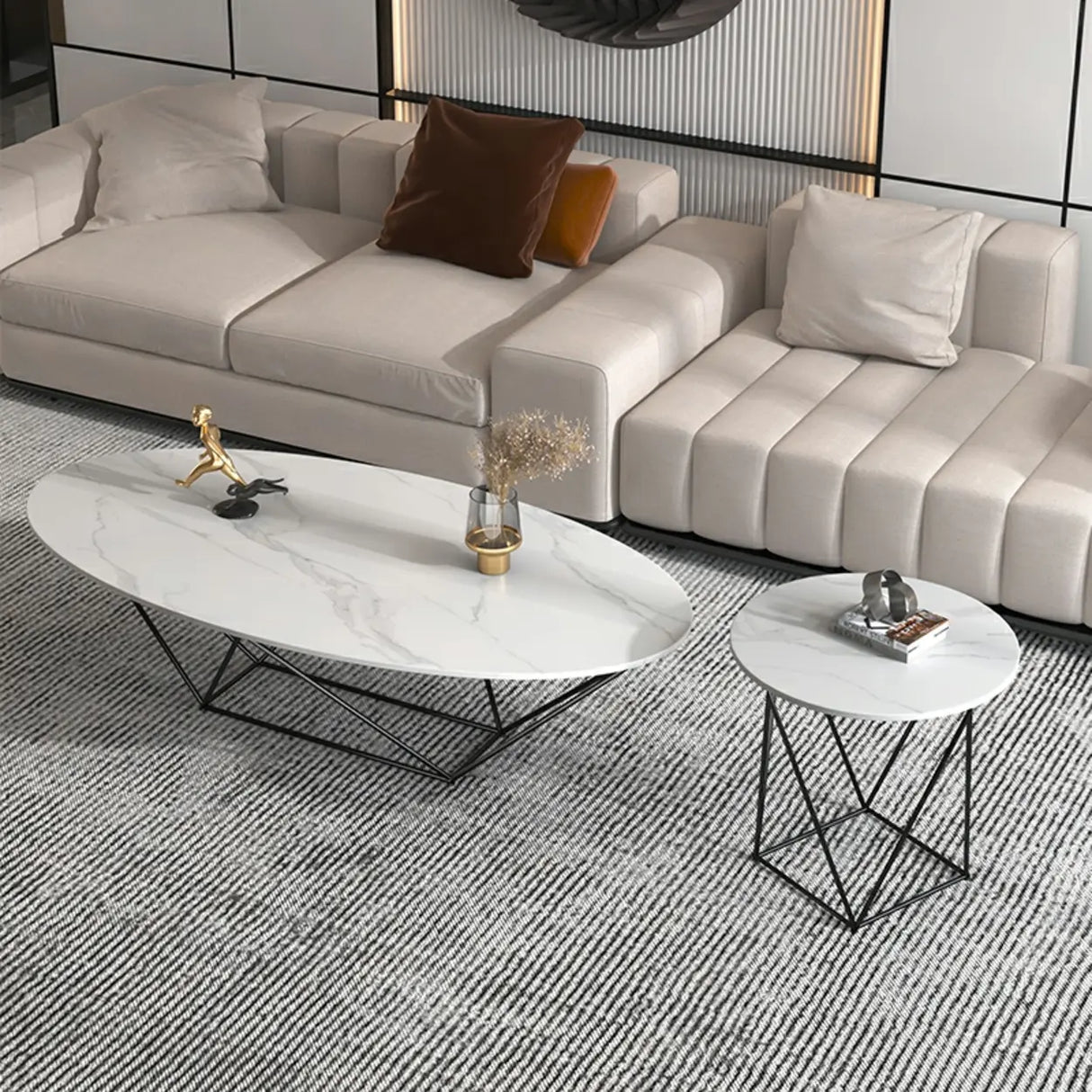 Trendy Black Stone Oval Iron Frame Nesting Coffee Table Image - 9