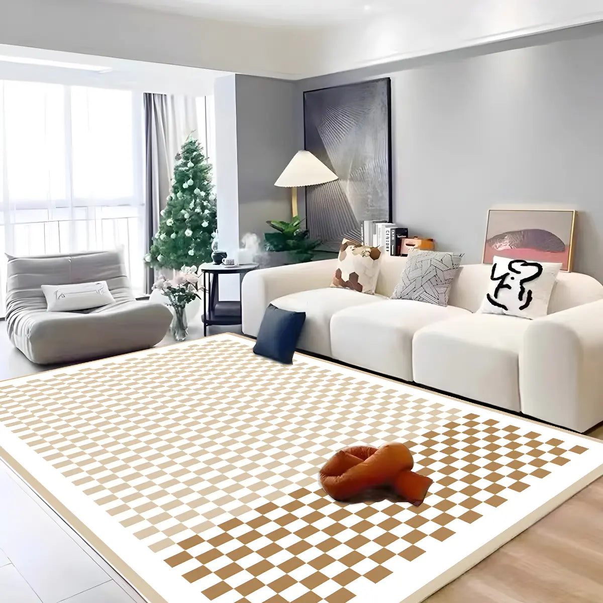 Trendy Checkered Linen Rectangle Beige Area Rug Image - 1