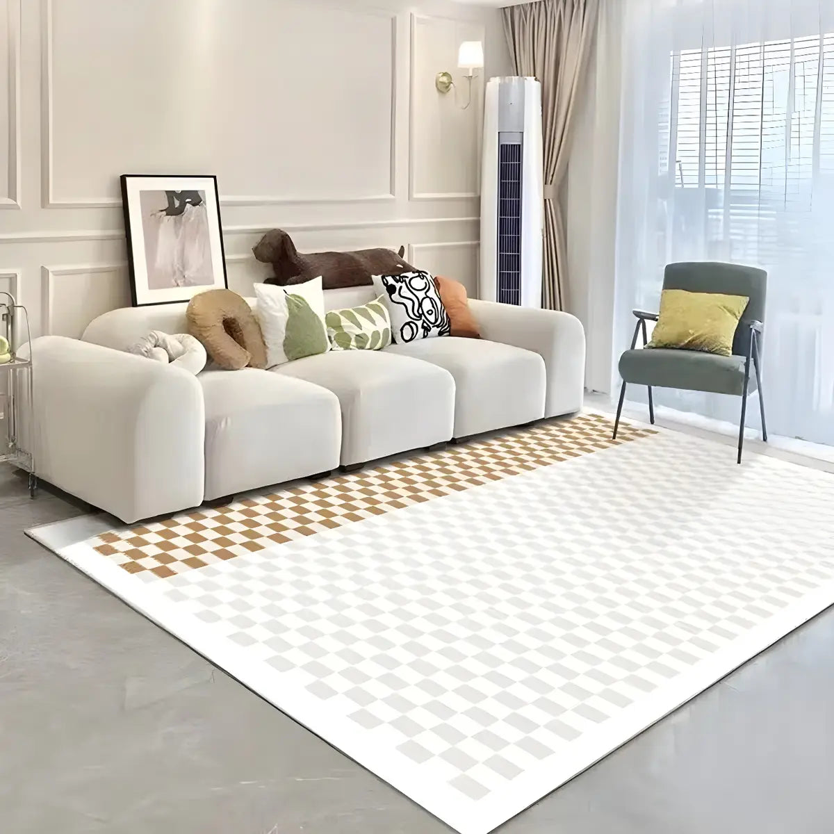 Trendy Checkered Linen Rectangle Beige Area Rug Image - 3