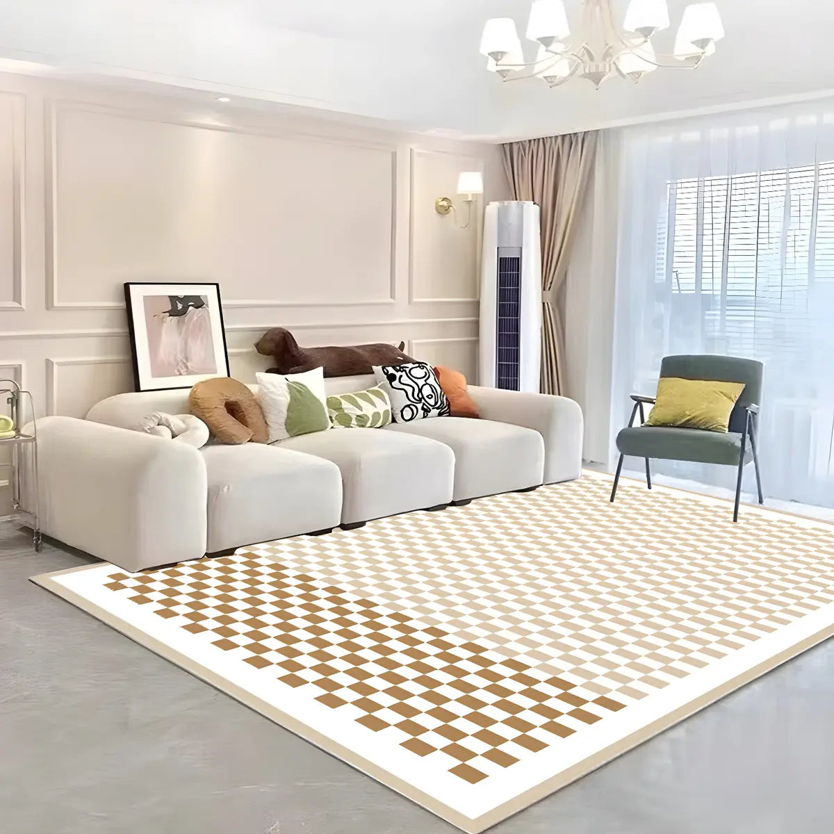 Trendy Checkered Linen Rectangle Beige Area Rug Image - 4