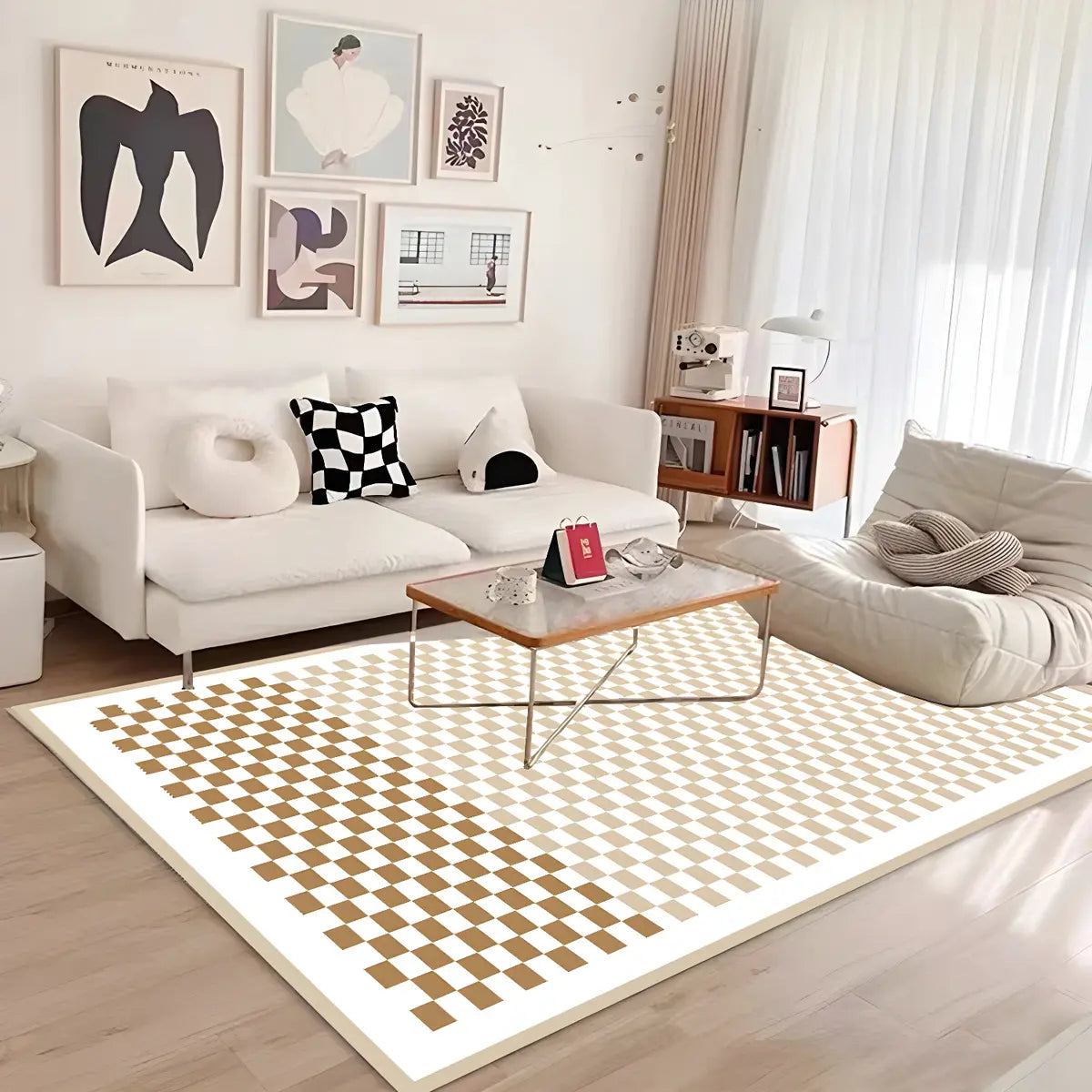 Trendy Checkered Linen Rectangle Beige Area Rug Image - 6